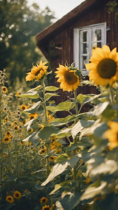 A secluded cottage garden abundant in sunflowers and various herbs, visited by chirping birds in the early morning.