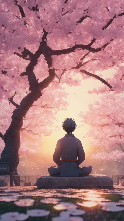 A serene anime character meditating under a full bloom cherry blossom tree during sunrise.