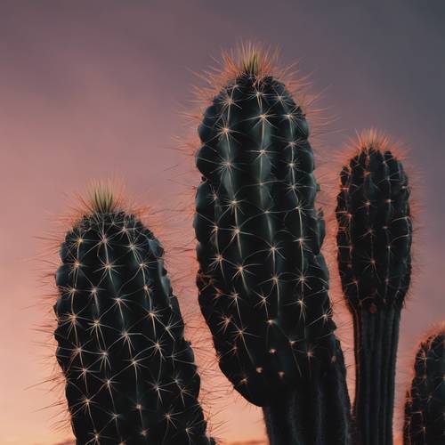 Una familia de cactus negros que crecen juntos en armonía durante el anochecer.