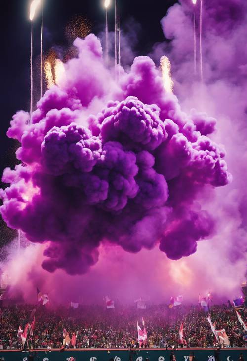 Eine Explosion von violettem Rauch aus einem Pyrotechnikgerät bei einer Sportveranstaltung
