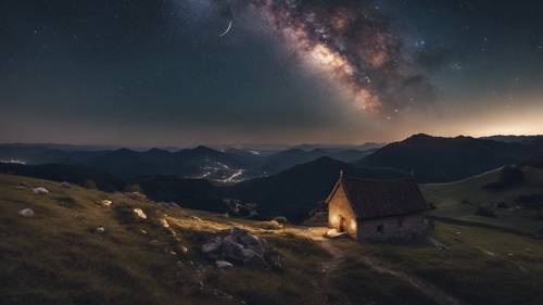 The Milky Way galaxy as seen from an isolated monastery on a mountain, bathed in moonlight