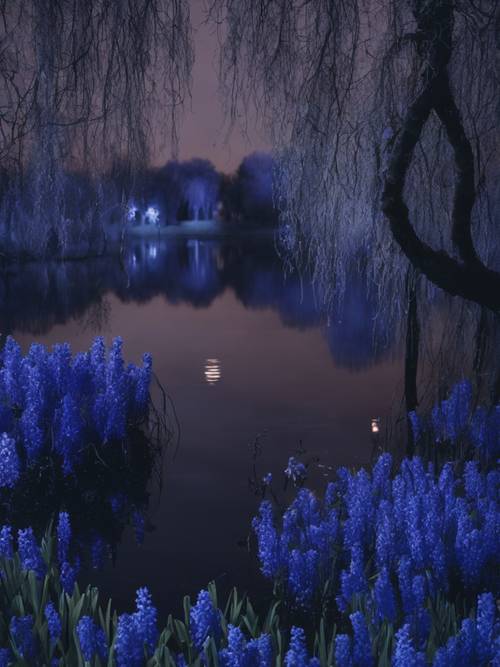 Una scena notturna di un lago sereno delimitato da salici piangenti e giacinti blu scuro.