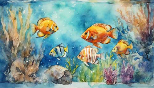 A watercolor art of an aquarium filled with tropical fish, representing Aquarius.