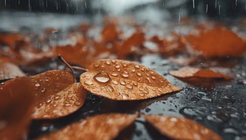 Ein orangefarbenes, mit Regentropfen besprenkeltes Blatt, das nach einem Regenschauer auf dem Boden liegt.