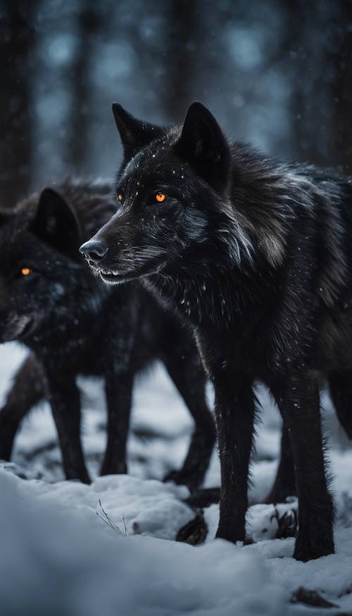 Stado ciemnych, czarnych wilków wędrujących nocą, a ich oczy świecą w świetle księżyca.