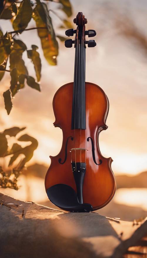 A beautiful violin bathed in soft, warm sunset glow.