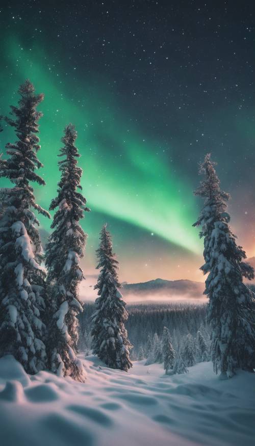 A mystical valley under the northern lights with snow-covered pine trees.