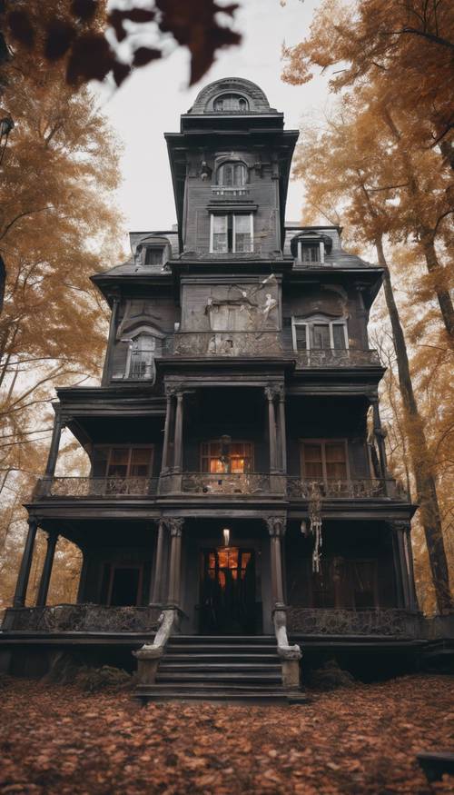 An eerie haunted mansion in the woods, decked out in high-end, preppy Halloween decoration. Tapet [b4d963fbf5eb47658a65]