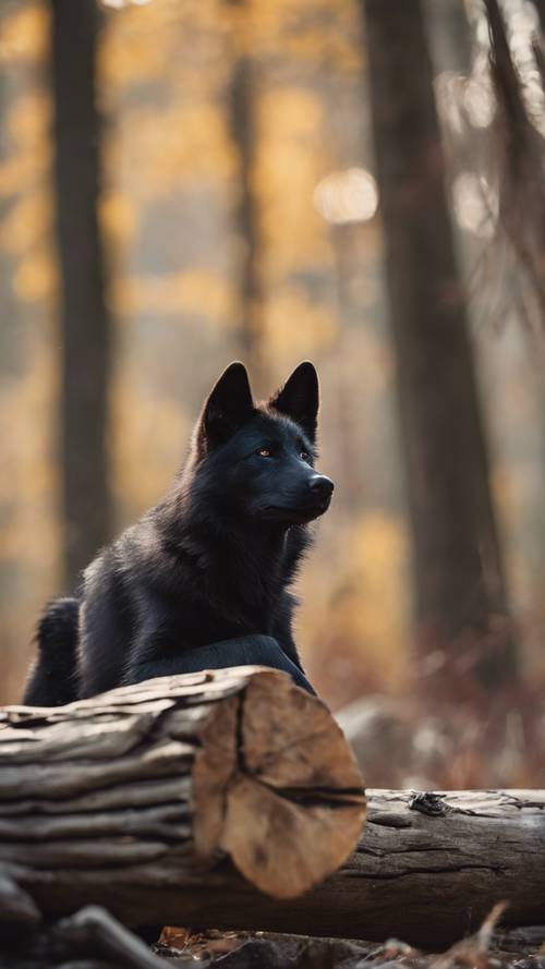 Um curioso filhote de lobo preto observando um pássaro colorido empoleirado em um tronco.