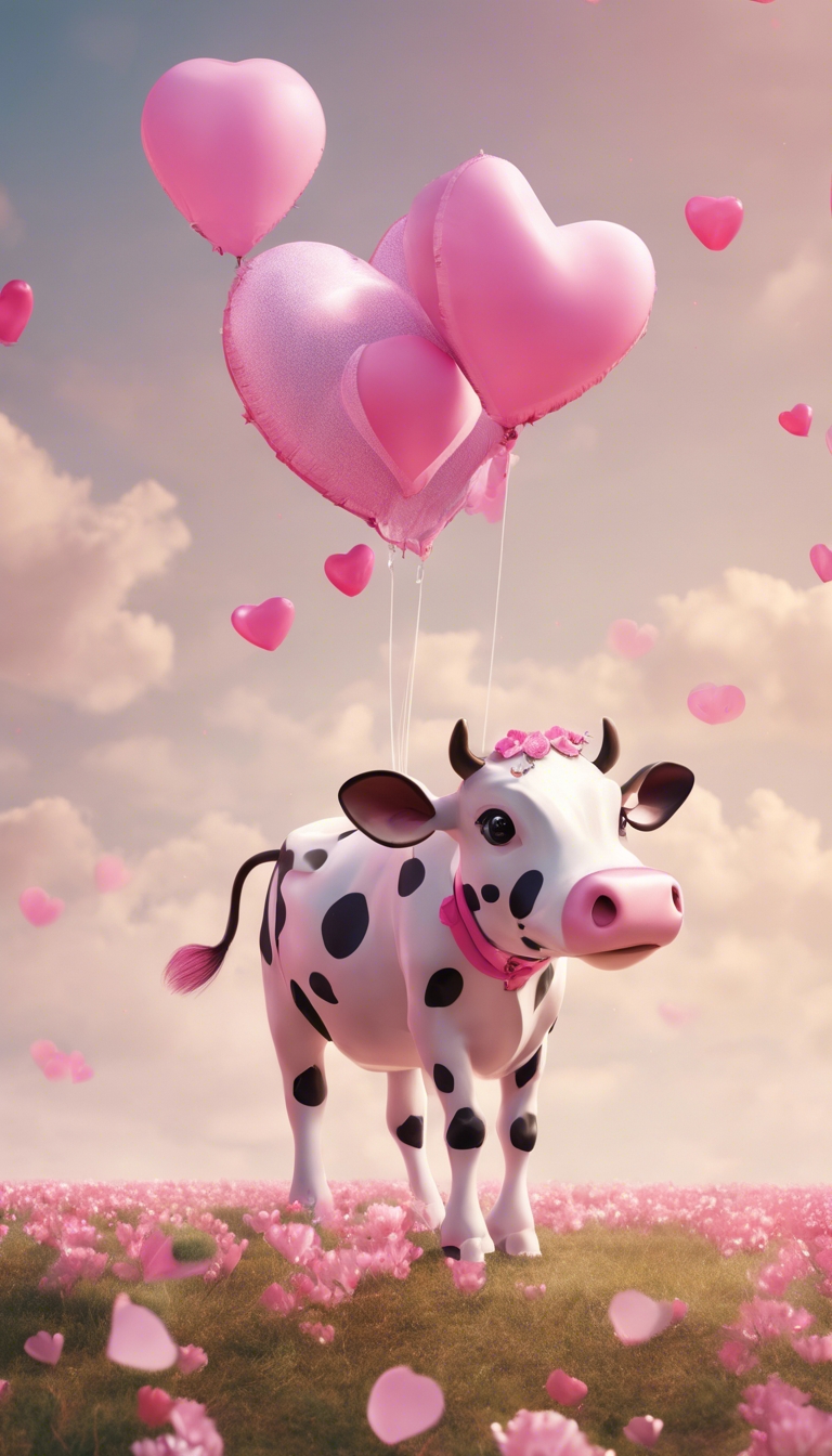 A kawaii-inspired cow, decorated with pink hues and hearts, floating skyward with balloon-like wings. Шпалери[d83d1287a72148b285e2]
