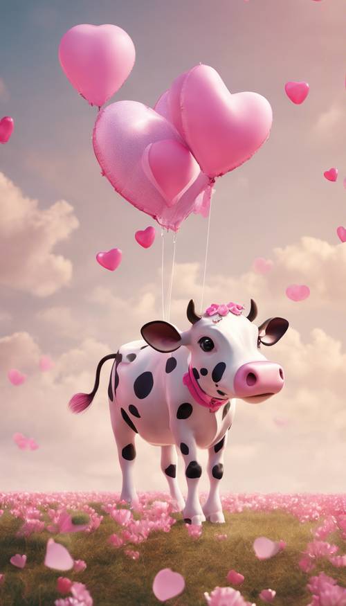 Une vache d&#39;inspiration kawaii, décorée de teintes roses et de cœurs, flottant vers le ciel avec des ailes en forme de ballon. Fond d&#39;écran [d83d1287a72148b285e2]