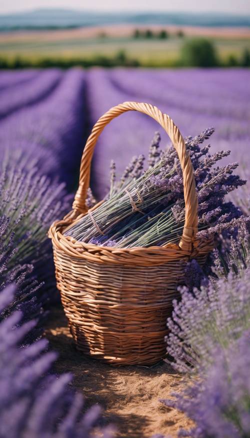 Keranjang berisi bunga lavender yang baru dipanen dengan latar belakang ladang lavender.