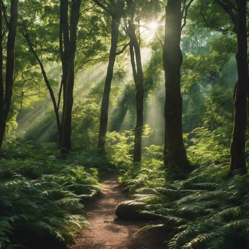A sunbeam piercing through the thick foliage of a lush Japanese forest. Tapet [fb9de6ee426441b39317]