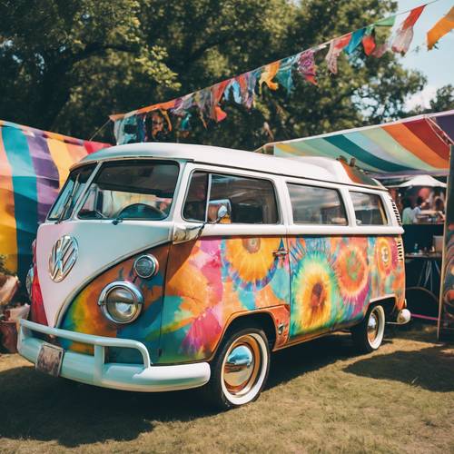 A vintage VW van painted with bold, psychedelic tie-dye art parked at a music festival.