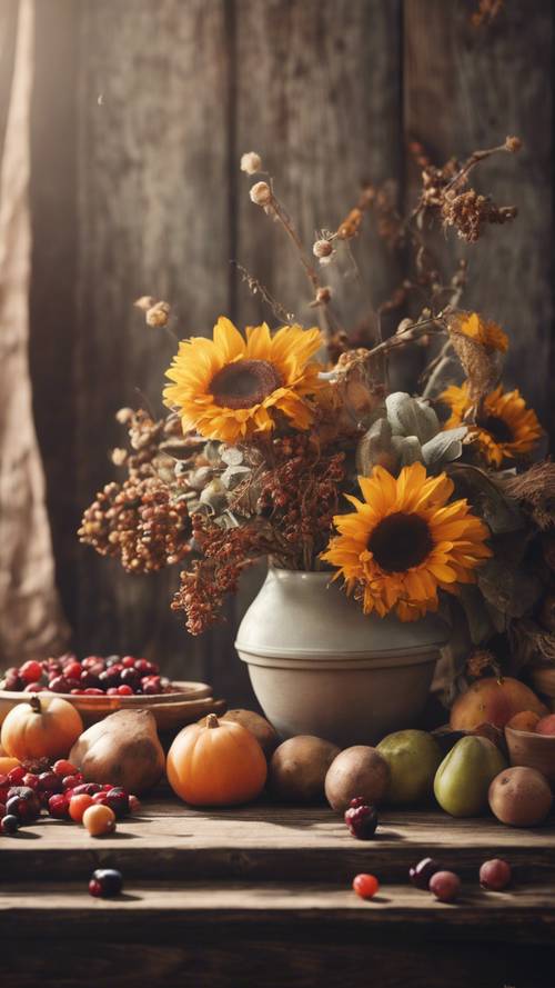 A vintage still life of autumn flowers and harvest fruits on a wooden table.