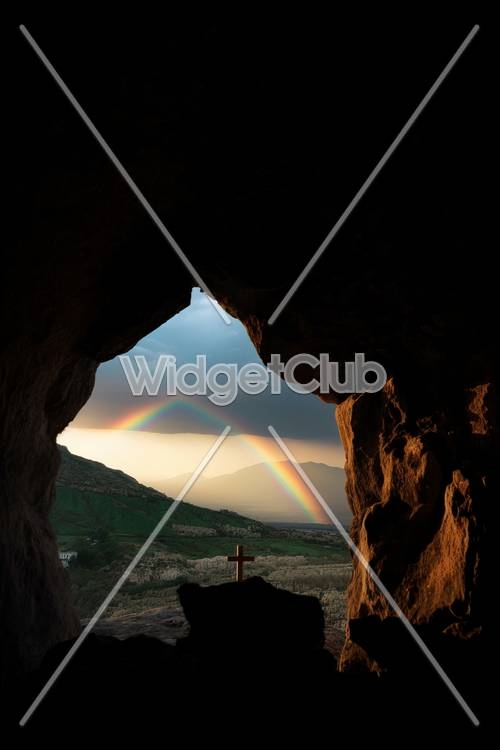 Sunset Rainbow and Cross View from Cave Wallpaper[cb5cb157e1414306a19d]