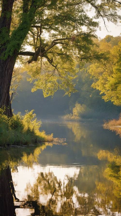 בוקר שליו על הגדה היפה של נהר קלמזו, השתקפותו משקפת את התוסס של חיות הבר של מישיגן.