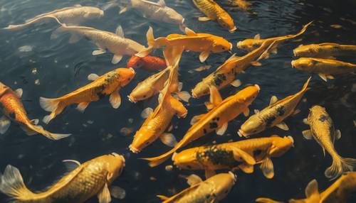 Sakin bir gölette parıldayan sarı ve altın renkli koi balıklarının yakın çekimi.