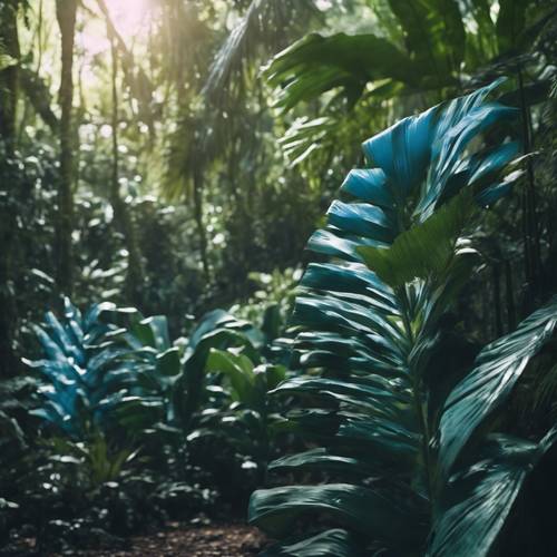 A sunny rainforest scene with blue banana leaves growing healthily.