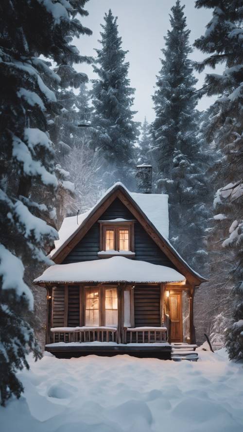 Una pittoresca scena invernale di una piccola casa accogliente con camino fumante, posta in mezzo agli alberi della foresta innevata alla vigilia di Natale.