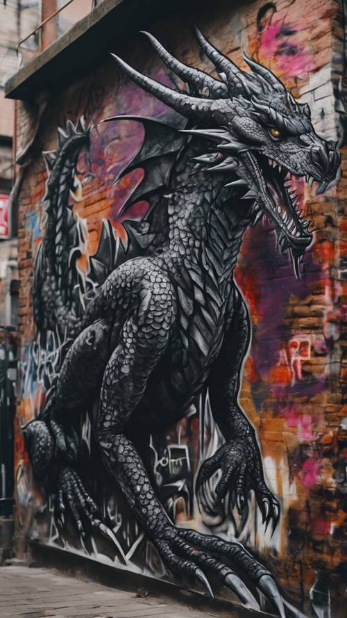 A black graffiti dragon, located in an urban area that has been turned into a street artist's playground.