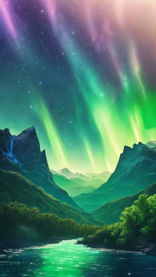 Una vista panoramica di fresche montagne blu sotto un mare di aurora boreale verde smeraldo.