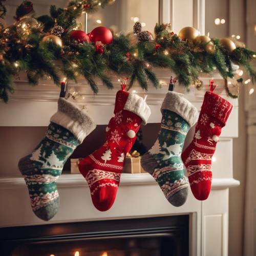 Stuffed socks full of gifts hanging from a mantelpiece decorated with Christmas garland. Тапет [997d6b59939641879756]