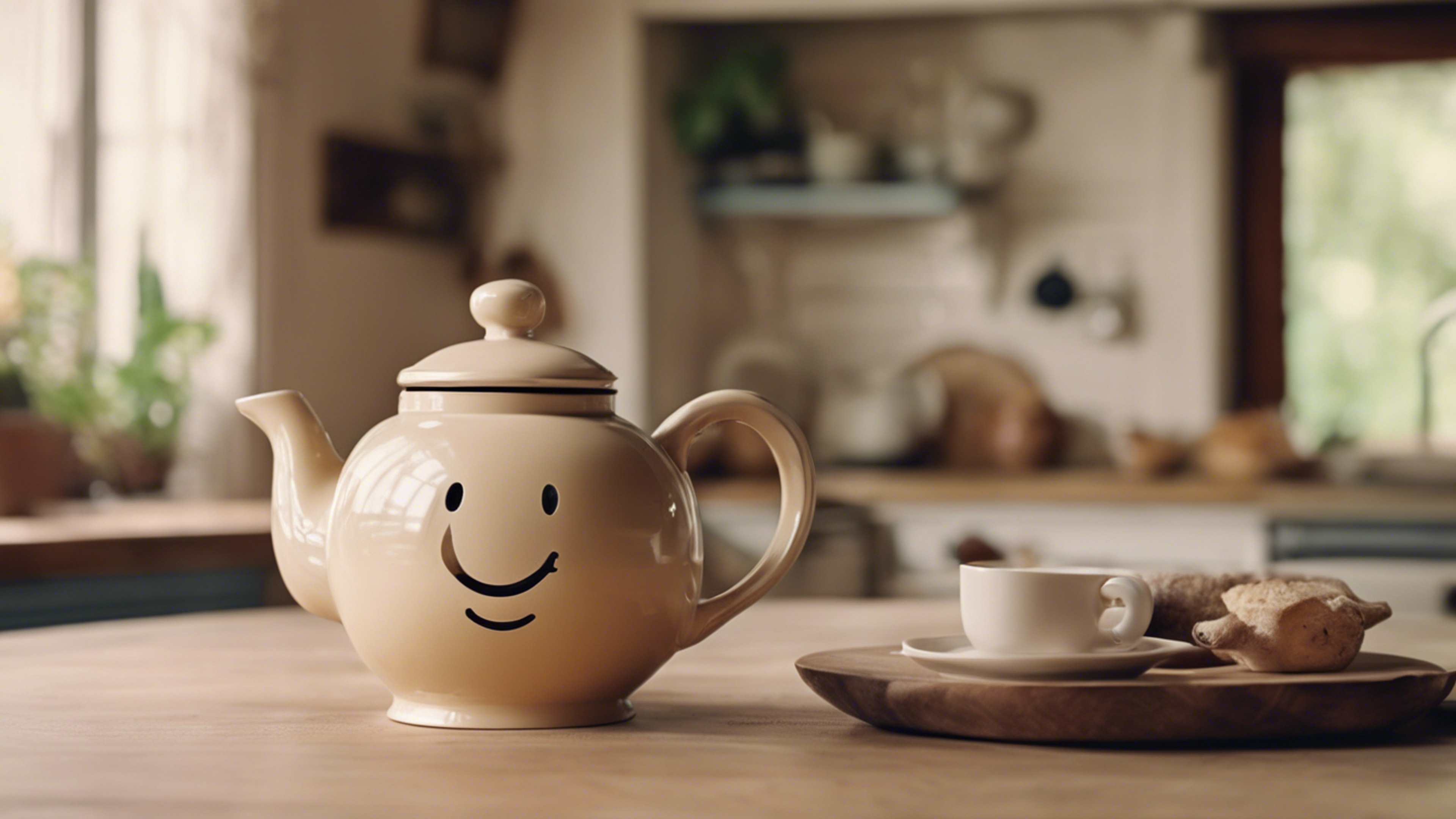 A cute beige teapot with a smiley face, sat on a charming farmhouse-style kitchen table. Wallpaper[b69ce7e5d7744e798112]