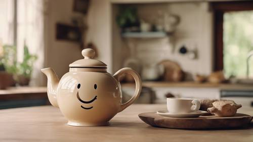 A cute beige teapot with a smiley face, sat on a charming farmhouse-style kitchen table.