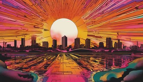 Ein lebendiger, flippiger Sonnenuntergang, gesehen durch die Linse eines psychedelischen Posters aus den 1960er Jahren.