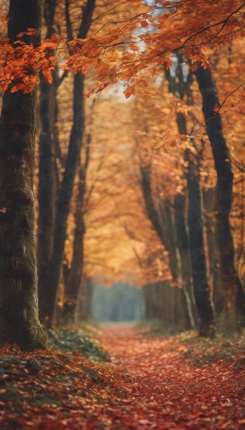 Une clairière boisée isolée en automne, avec des feuilles dorées et rouges tombant doucement des arbres.