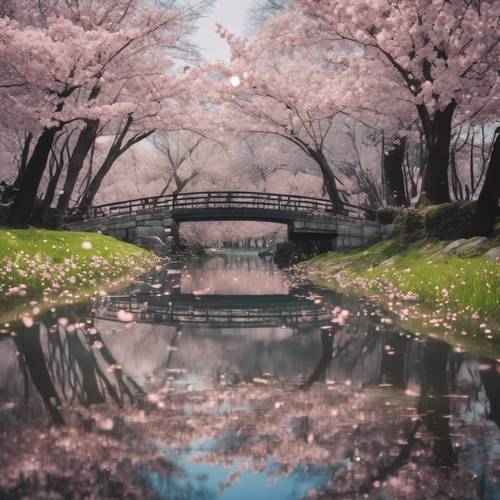 봄 동안 꽃잎을 흘리는 벚꽃 나무들 사이에 반사 연못이 있습니다.