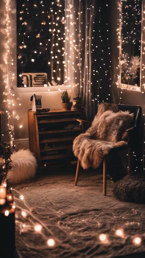 A black Y2K aesthetics inspired room with fairy lights, beaded curtains, and furry rugs.