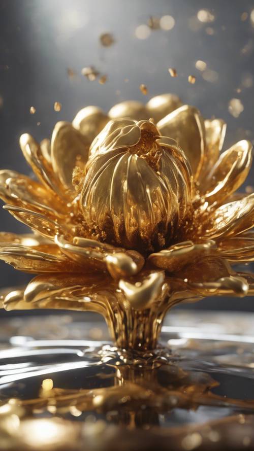 Molten gold pouring into a detailed flower mold.