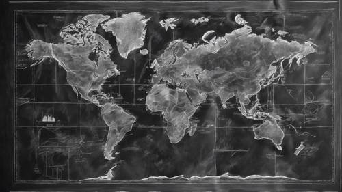 Um mapa-múndi em tons de cinza em um quadro-negro com marcações de giz branco.