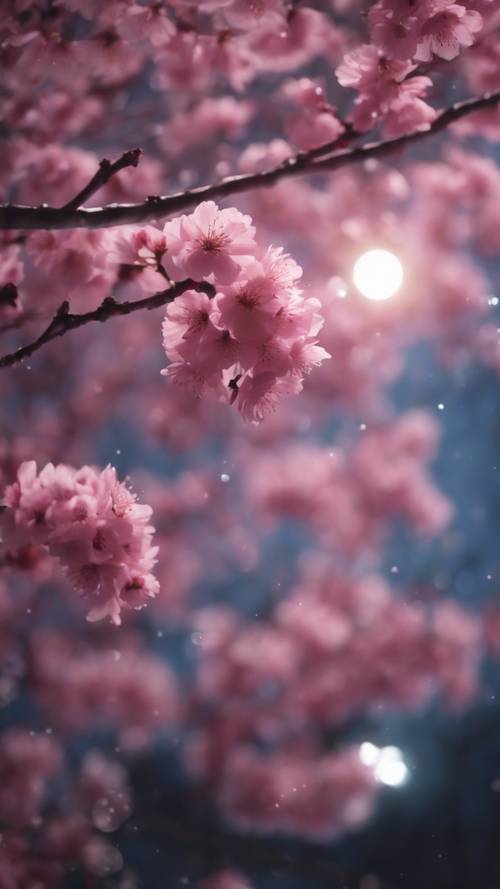 A single bright pink cherry blossom tree swaying gently in the moonlight.