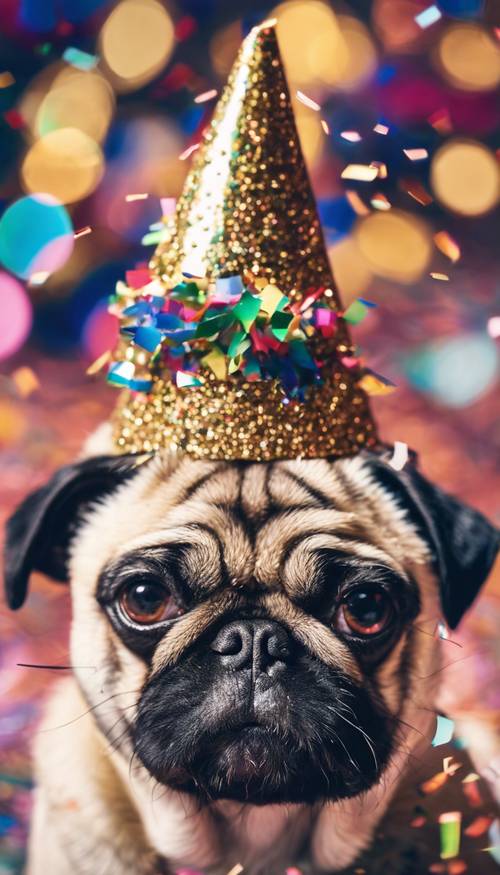 Seekor anjing pug lucu mengenakan topi Tahun Baru yang berkilauan, dikelilingi oleh confetti warna-warni.