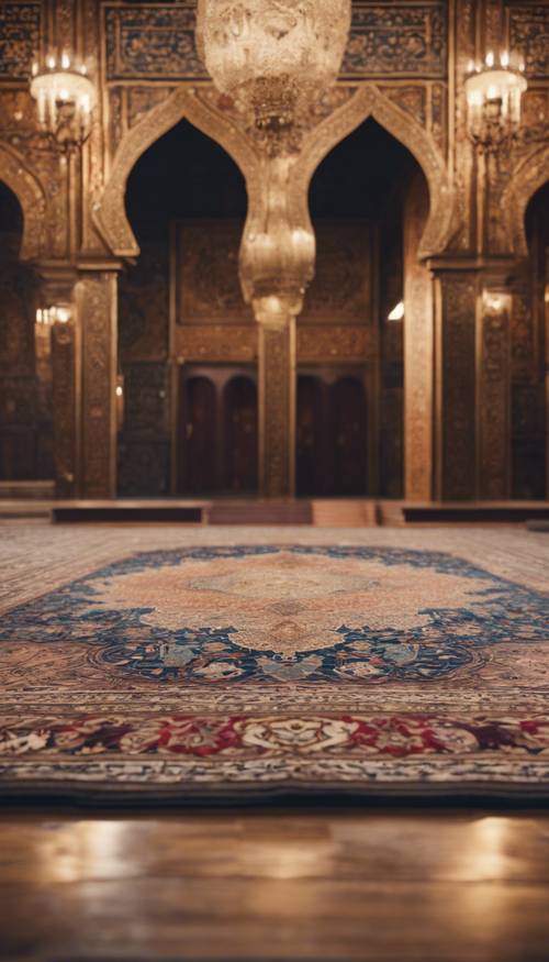 An ornate Persian rug adorning the floor of an opulent Islamic palace.