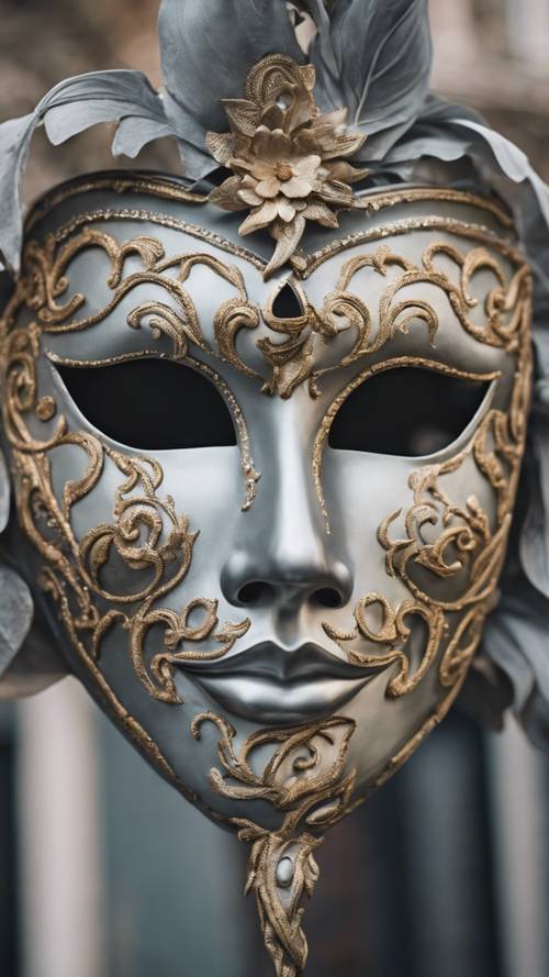 A light gray ornate mask displayed at a Venetian carnival.