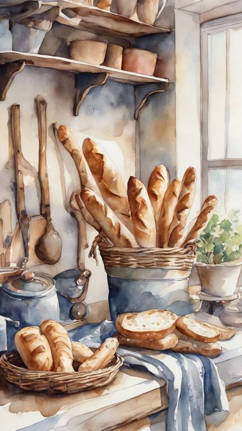 Uma pintura em aquarela detalhada de uma cozinha campestre francesa com panelas de cobre e uma cesta de baguetes frescas.