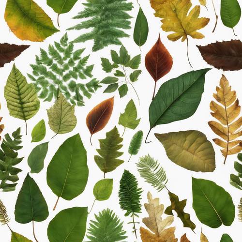 A collection of leaves from different tree species spread out for botanical study.