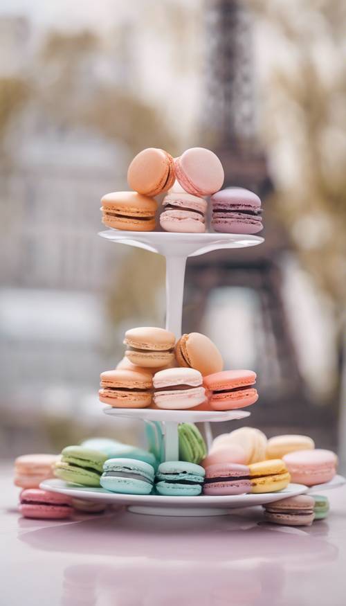 Eine verträumte Palette von Gourmet-Macarons in Pastelltönen, sorgfältig arrangiert auf einem weißen Porzellanteller. Im Hintergrund ein schwacher, verschwommener Eiffelturm.