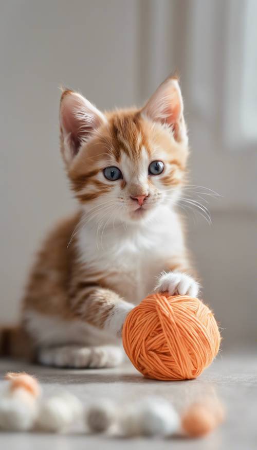주황색과 흰색 줄무늬가 있는 새끼 고양이가 털실 공을 가지고 놀고 있습니다.