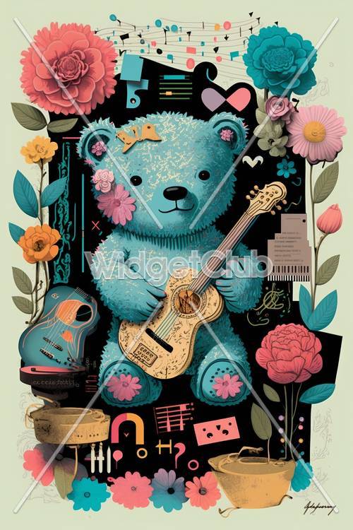 Cute Blue Teddy Bear with Guitar and Flowers