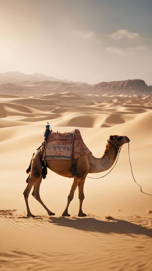 A lively scene of an Egyptian camel race in the scorching desert.
