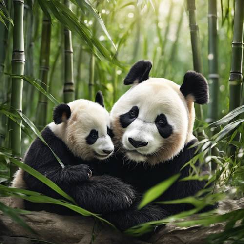 Una madre panda cuida con cariño a su cachorro en el corazón de un denso bosque de bambú.