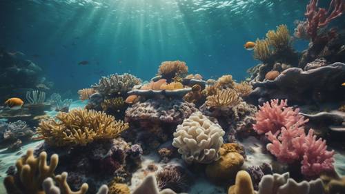 Pemandangan bawah laut berupa terumbu karang yang tenang, dengan tulisan &#39;Ciptakan ketenangan Anda sendiri&#39; pada terumbu karang tersebut.