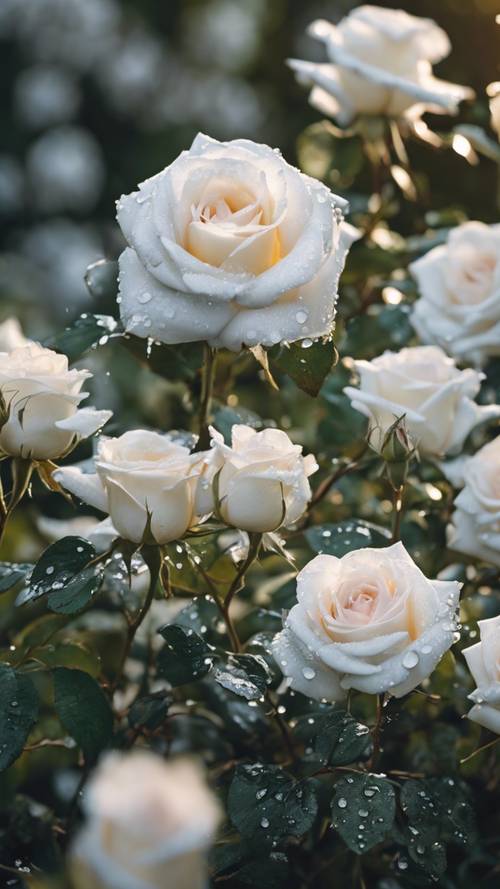 Mawar putih diselimuti embun pagi berwarna perak di taman mawar yang rimbun.