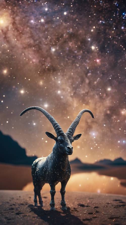 A mystical Capricorn, whimsically created from stardust against the backdrop of the Milky Way galaxy.