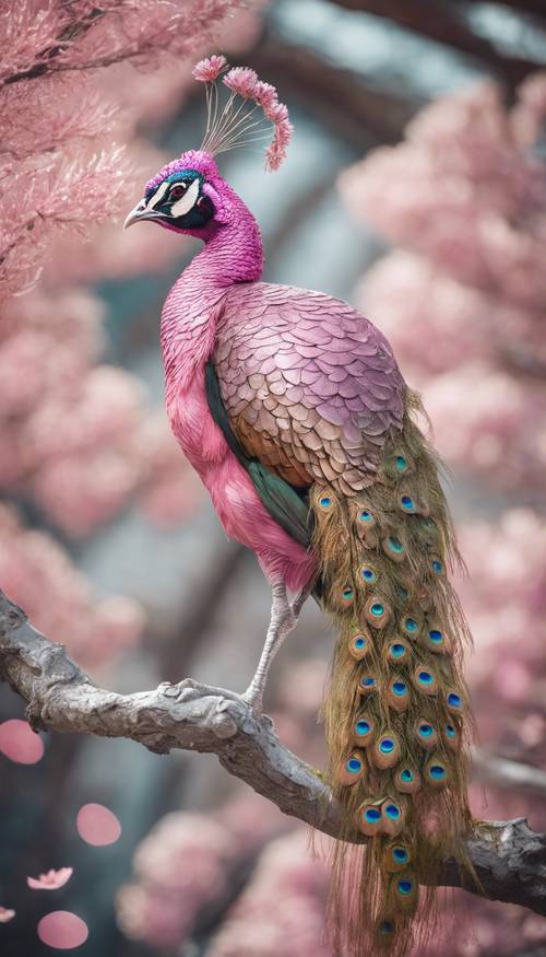 Um elegante pavão rosa empoleirado em um galho prateado brilhante.